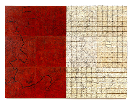 Old Homeplace, photograph of artwork, one side looks like a topography map in red,  section looks like an allotment map