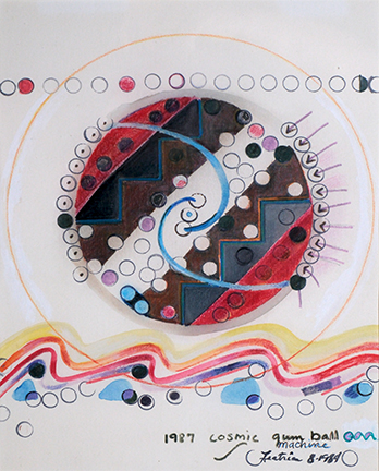 central sphere in red black and white with waves of color underneath