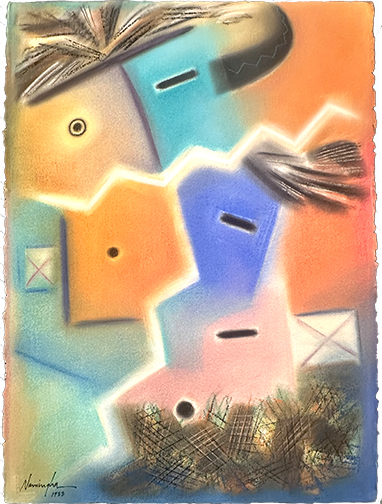 Soft watercolor and gouche with 3 katsina masks