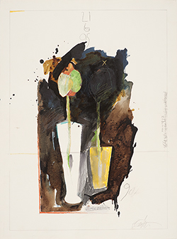 a glass vase with a poppy pod and a yellow vase on a swath of brown black