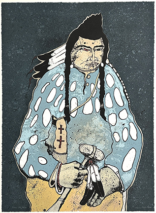 A stylized depiction of a person in traditional attire with beads and feathers against a dark background.