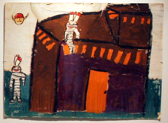 Colorful drawing of a brown building with orange stripes and two characters, one in stripes.