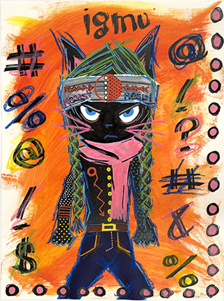 Illustrated masked wildcat in beanie and scarf on orange background with scattered symbols