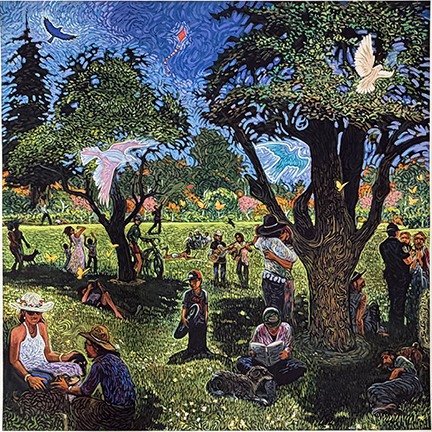 Impressionist painting-style print of people picnicking under trees on a sunny island.