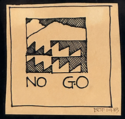 Graphic: black ink mountains and zigzag pattern with caption 'NO GO' on tan square background