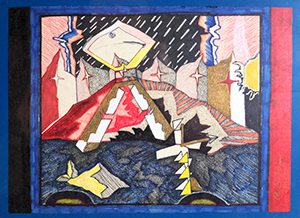 Abstract mixed-media drawing: jagged shapes, red diagonal stripe, yellow lightning bolts