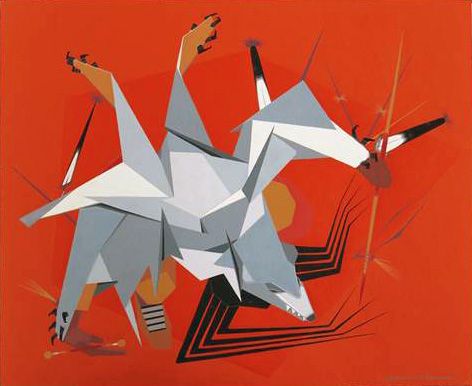 Abstract geometric painting of white angular horses overlapping on red background