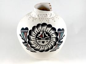 white canteen shape with sun design in black