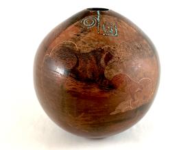 red seedpot with etching