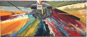 Vibrant abstract painting with katsina mask at center