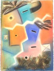 Soft watercolor and gouche with 3 katsina masks
