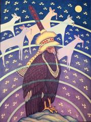 Condor wearing a ca headdress with orange background