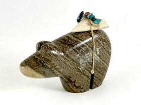 stone bear fetish with bundle of turquoise and stone