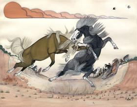 Two horses fighting and biting each other. One is brown, one is black, set in an arid landscape