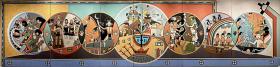 A vivid mural with seven circles depicting aspects of the Hopi Ceremonial Calendar with dancers and objects used in ceremonies.