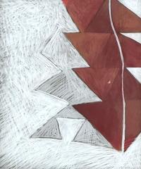Red triangular shape on top of grey and white shapes