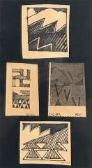 Sketch of geometric designs and stepped triangles and lines, all in black pen on yellowed paper