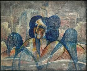 Abstract artwork featuring three figures with muted colors and expressive forms.