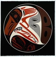Abstract circular design featuring indigenous motifs in red, black, and white.