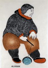 Stylized drawing of seated person in black parka with orange trim playing with blue hoop and stick