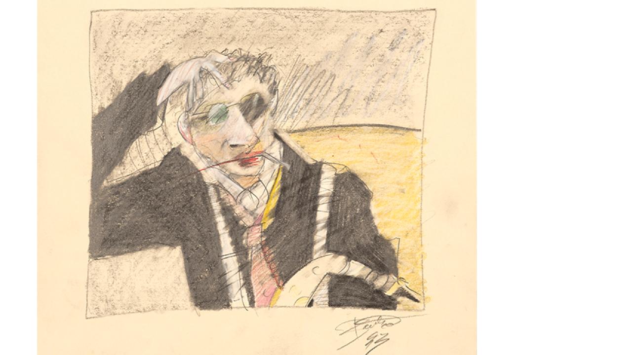 self-portrait drawing smoking a cigarette