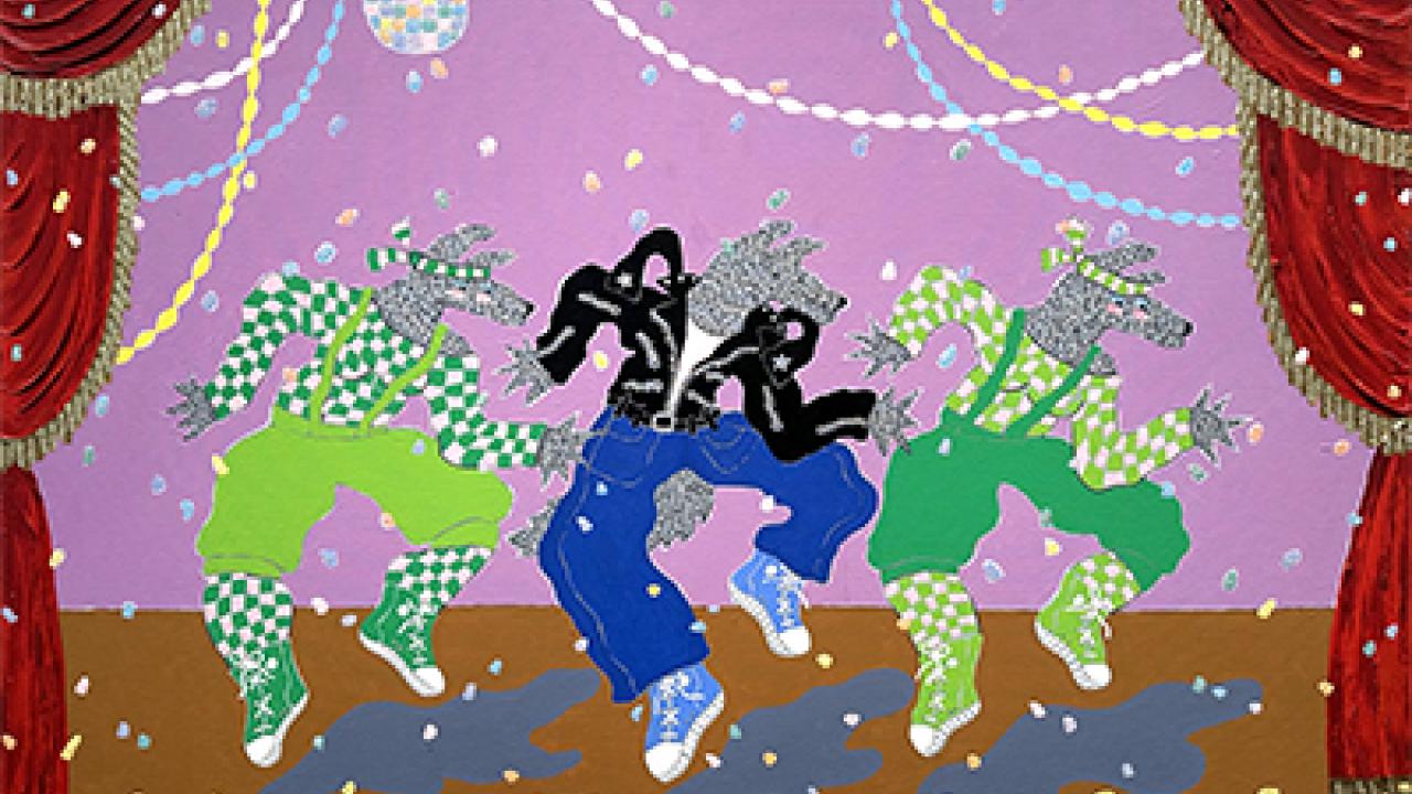 three coyote dancers on a stage with lights and disco ball