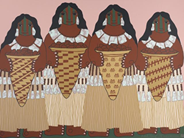 Four women in regalia holding burden baskets