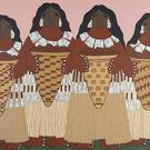 Four women in regalia holding burden baskets
